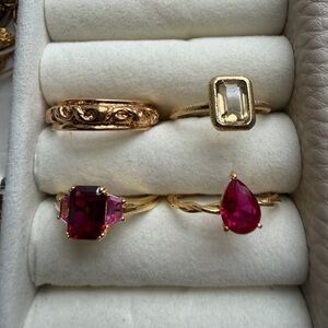 Bundle of 4 Gold and Red Gemstone Size 7 Ring Set